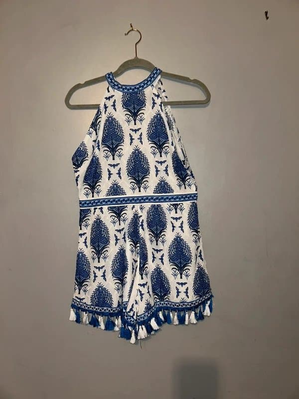 New Look New look Cameo Rose Blue white halter playsuit with tassels