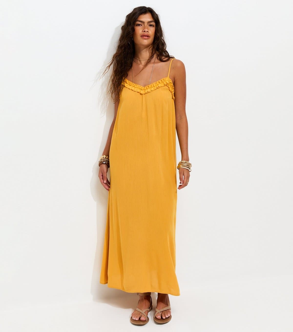 New Look Women's Bright Yellow Crinkle Texture Frill Trim Strappy Midi Dress New Look