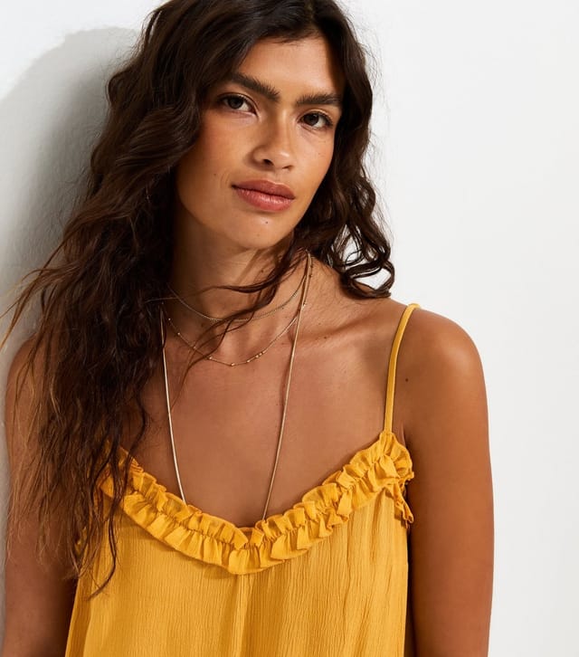 New Look Women's Bright Yellow Crinkle Texture Frill Trim Strappy Midi Dress New Look - 2