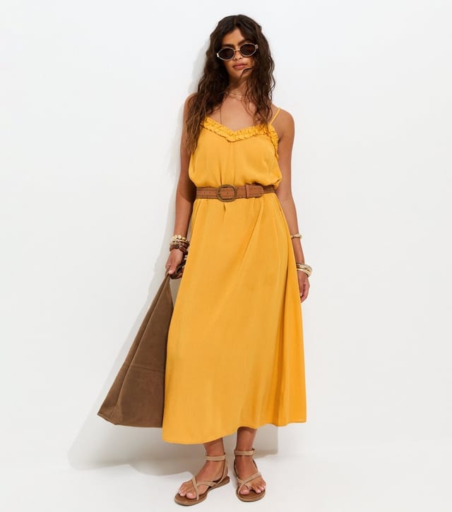 New Look Women's Bright Yellow Crinkle Texture Frill Trim Strappy Midi Dress New Look - 3
