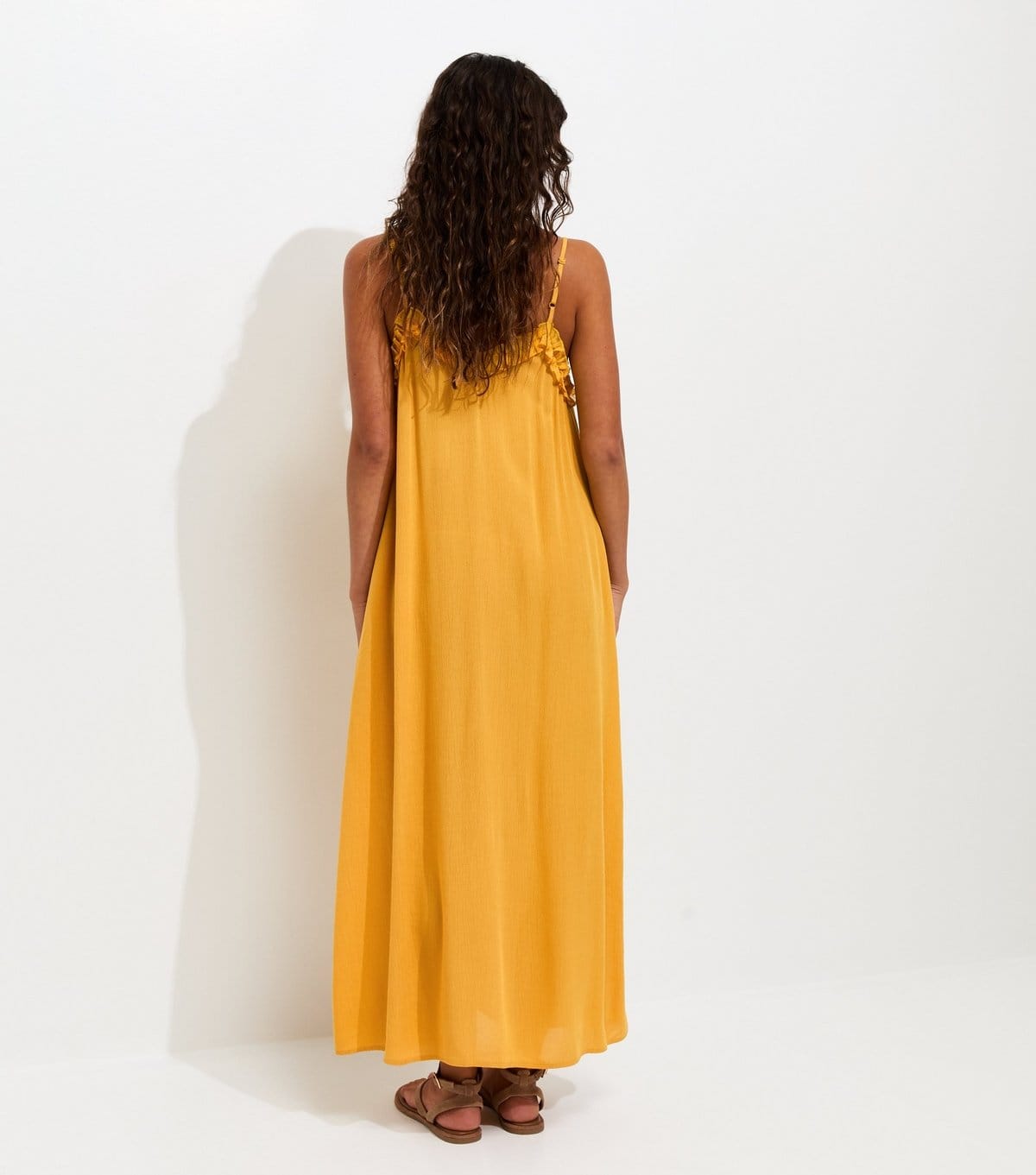 New Look Women's Bright Yellow Crinkle Texture Frill Trim Strappy Midi Dress New Look - 4
