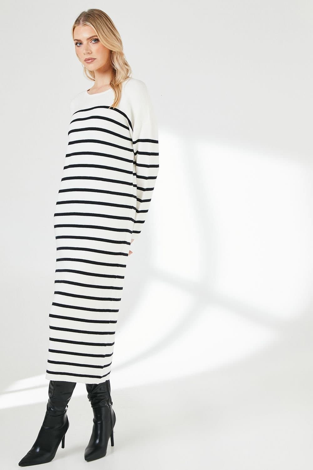 Principles Principles Women's Striped Slouchy Knitted Midi Dress in Ivory