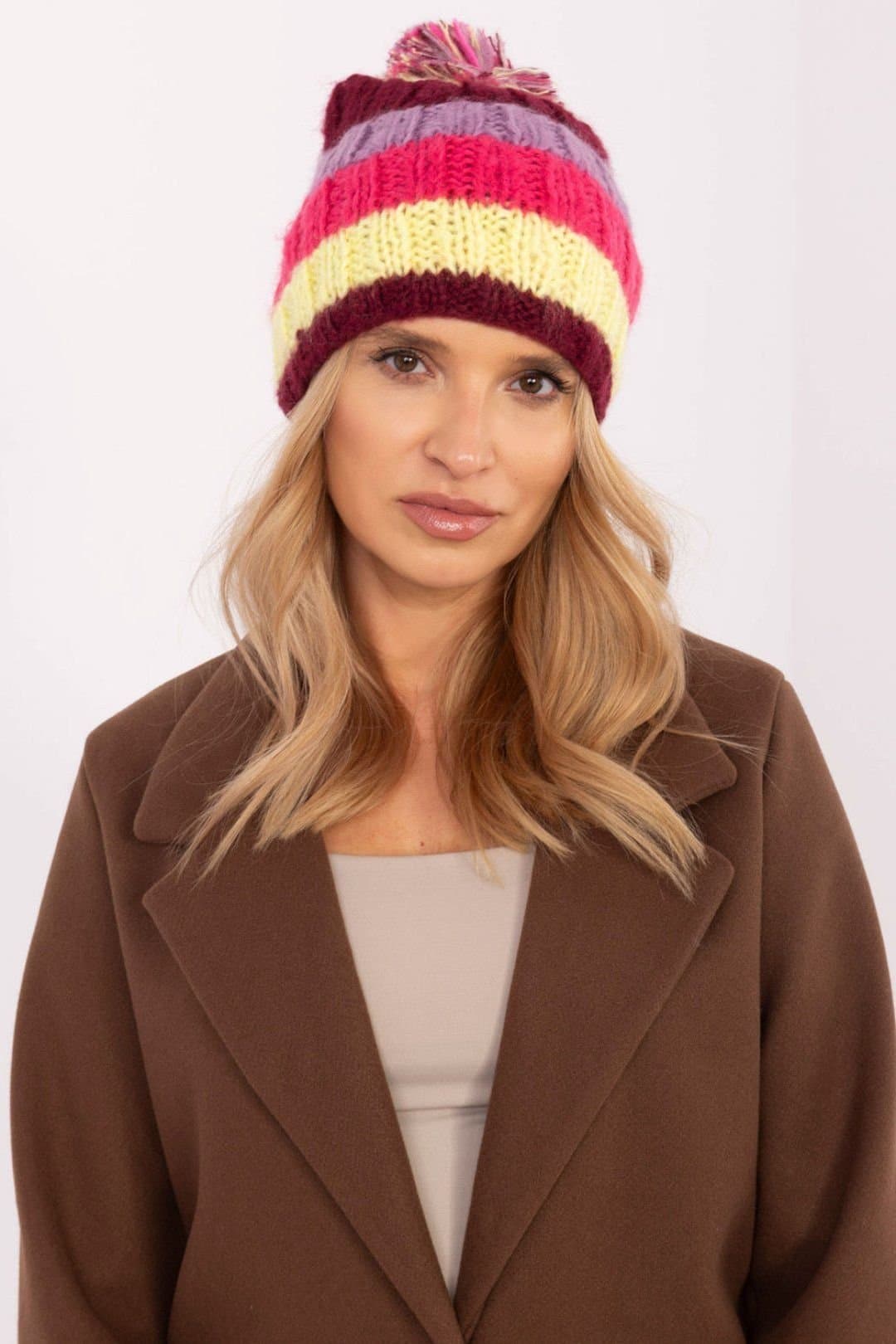 Love Lace Love Lace Women's Striped Winter Hat with Fluffy Pom Pom Soft Warm Elastic Fit