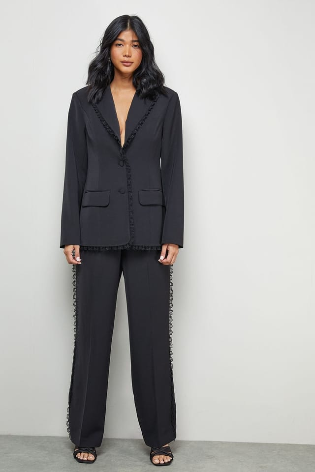 Warehouse Warehouse Women's Lace Frill Trim Wide Leg Trouser in Black - 2