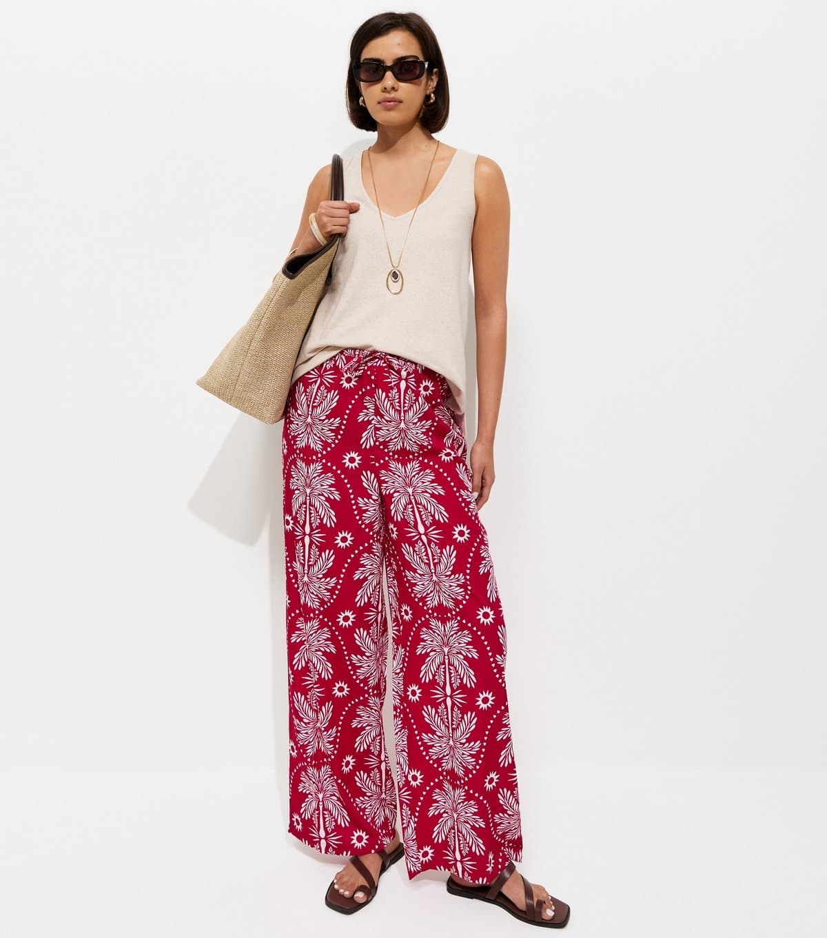 New Look Women's Red Palm Tree Print Wide Leg Trousers New Look