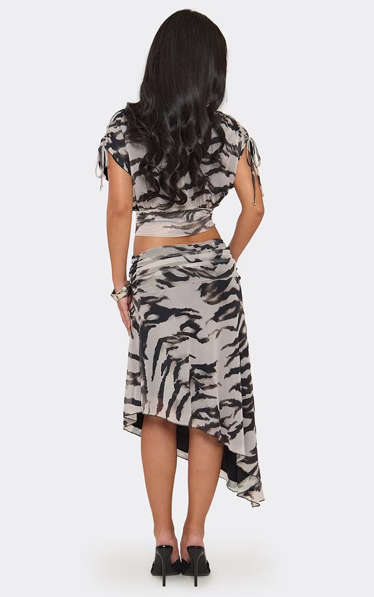 EGO Mid Rise Asymmetric Hem Midi Skirt In Black Animal Print, Women's Size UK 6