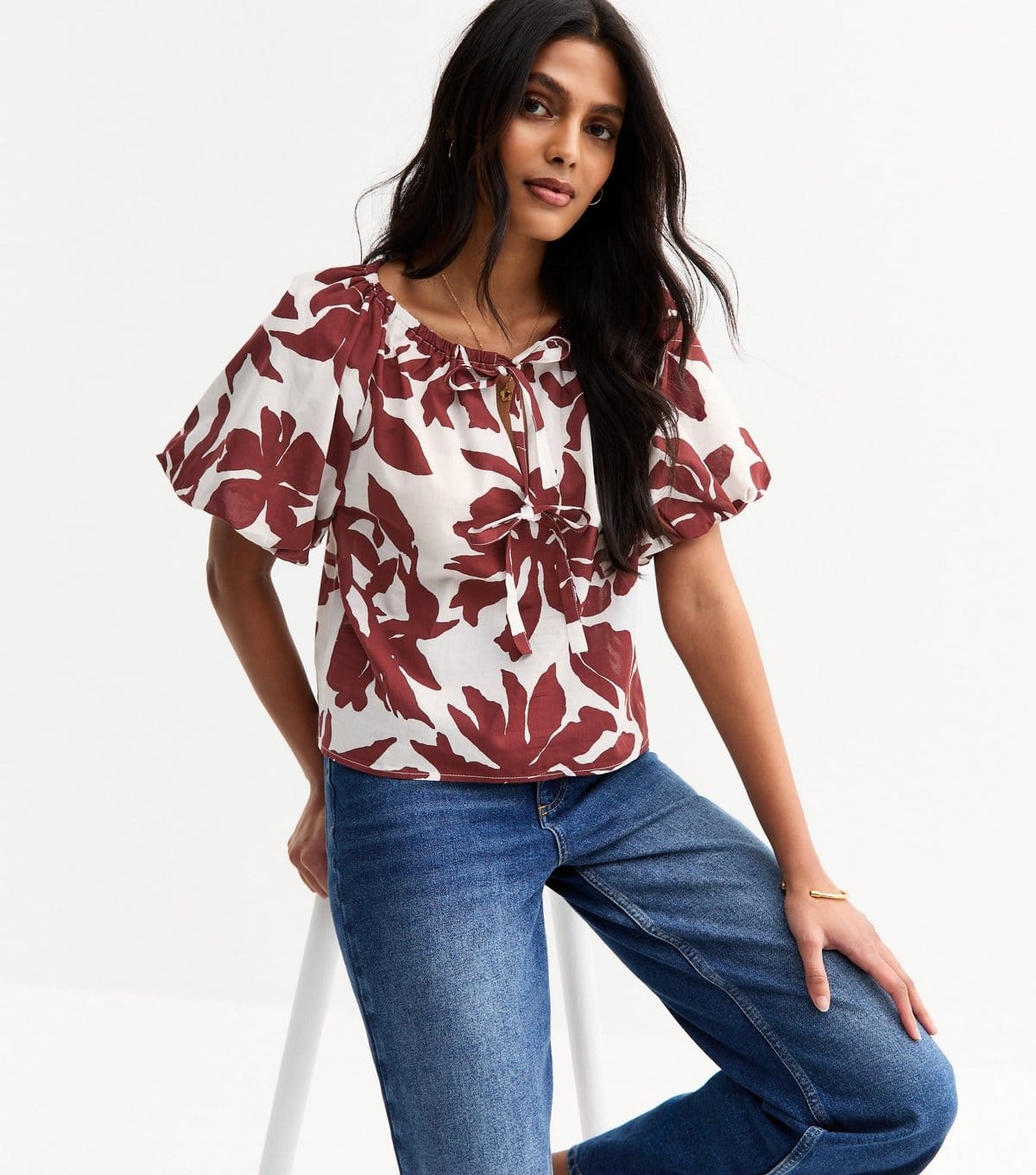 New Look Women's White Printed Tie Front Puff Sleeve Top New Look - 1