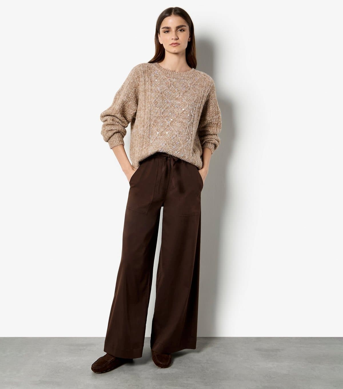 Apricot Apricot Brown Cable Knit Sequin Jumper