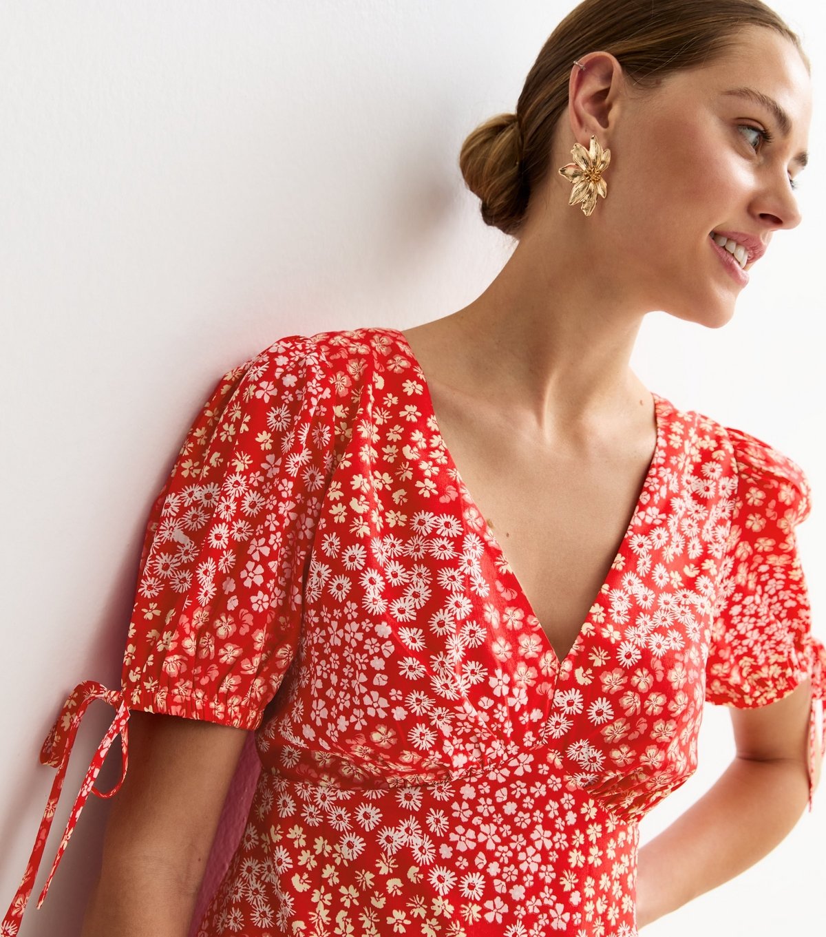 New Look Women's Red Crepe Floral Print Tie Sleeve Mini Dress New Look - 2