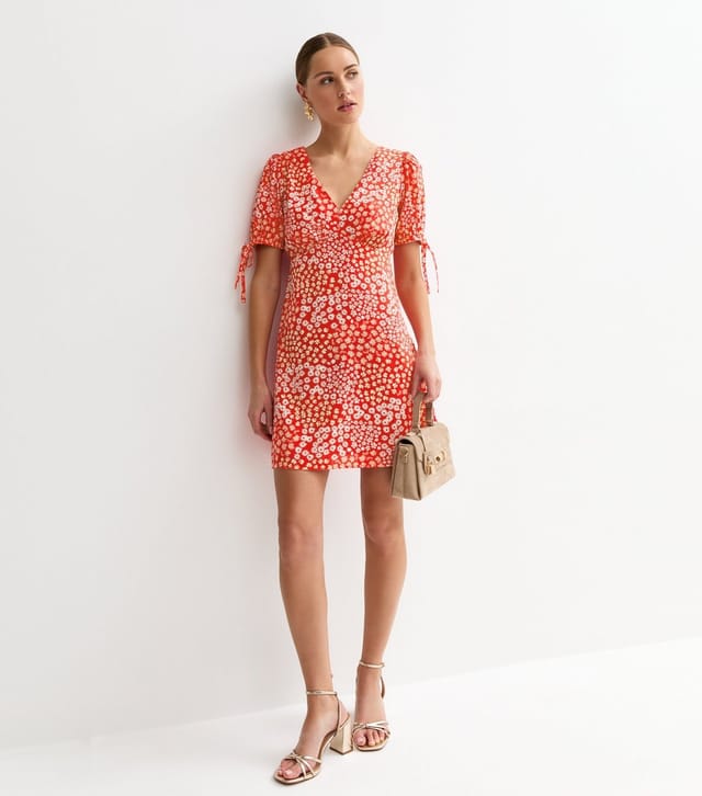 New Look Women's Red Crepe Floral Print Tie Sleeve Mini Dress New Look - 3