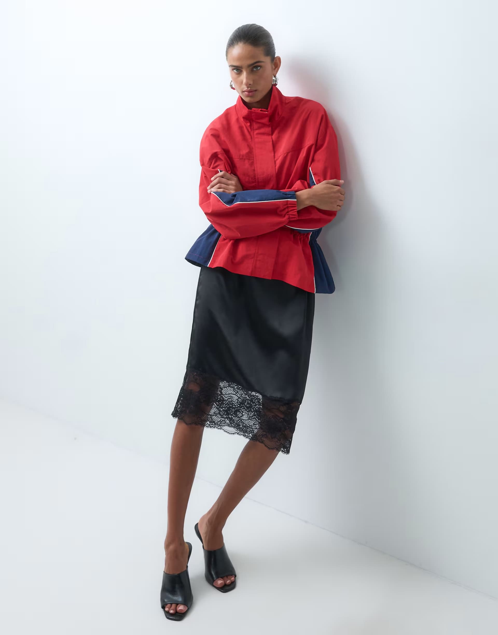 ASOS ASOS DESIGN satin 90's slip midi skirt in black with lace trim