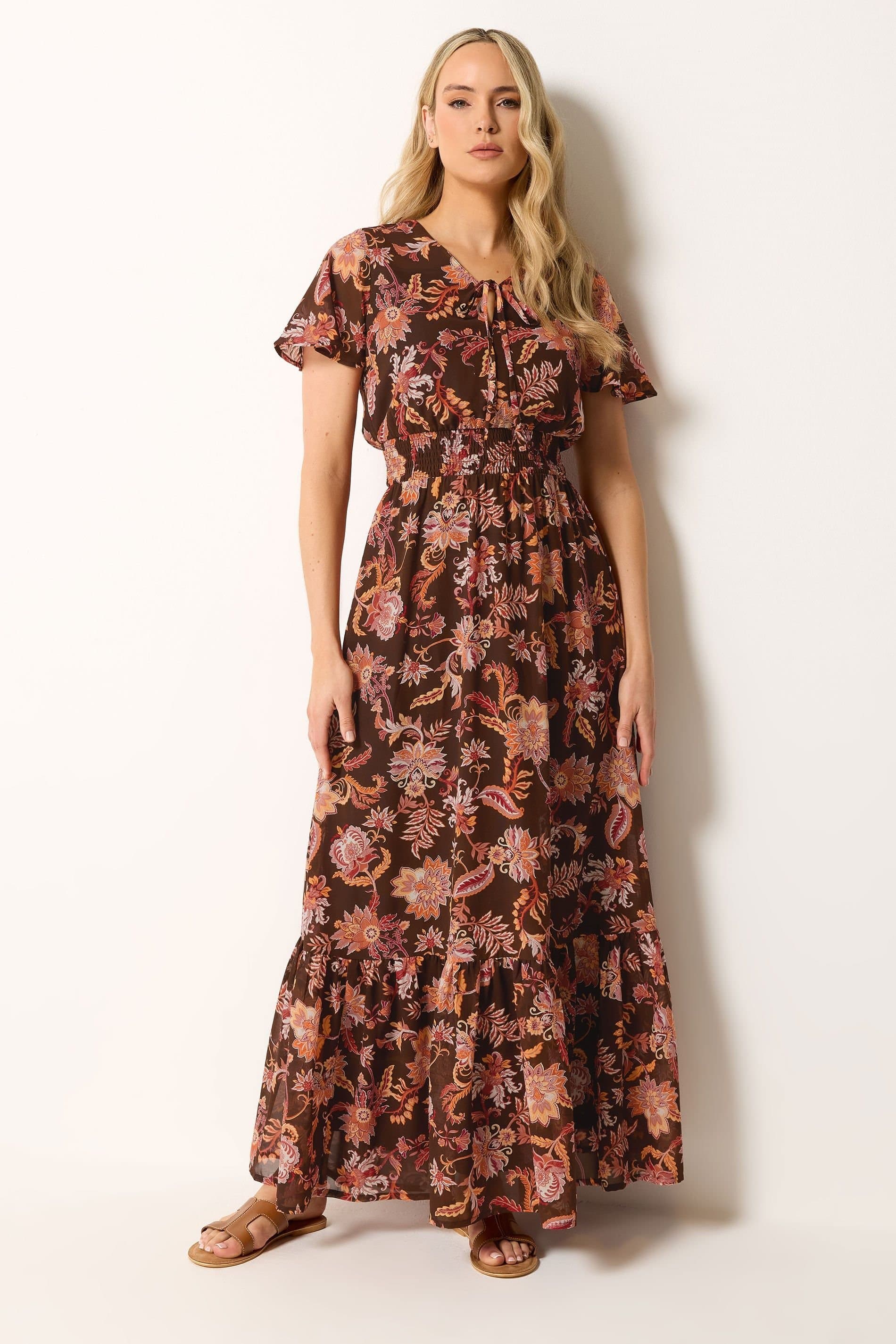 Long Tall Sally Long Tall Sally Women's Tall Floral Shirred Waist Maxi Dress in Chocolate