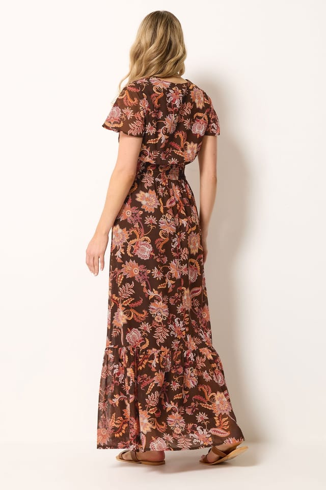 Long Tall Sally Long Tall Sally Women's Tall Floral Shirred Waist Maxi Dress in Chocolate - 3