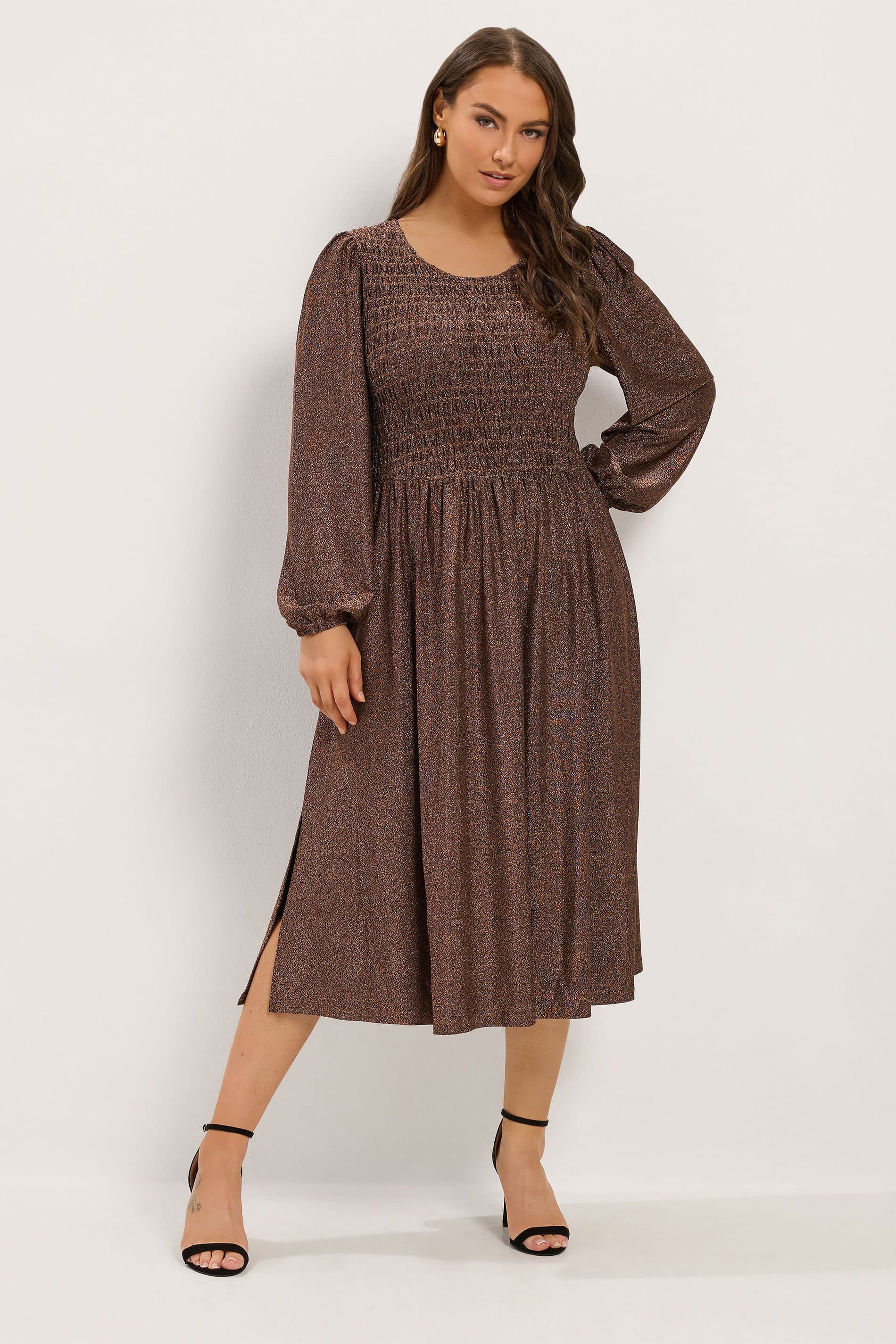 Yours Plus Size Gold Sparkle Shirred Peplum Midi Dress