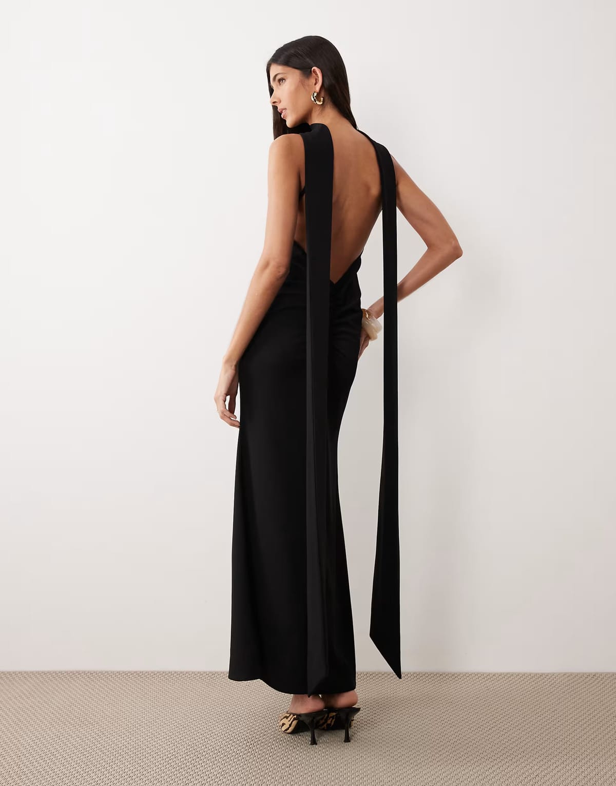 ASOS ASOS DESIGN crepe scarf detail with plunge back in black in scuba-style fabric - 1