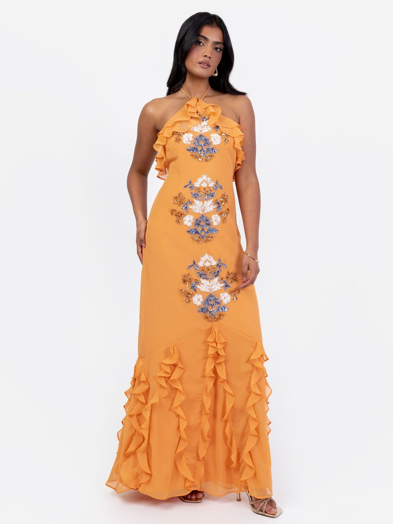 Maya Deluxe Orange Embellished Halter Maxi Dress
