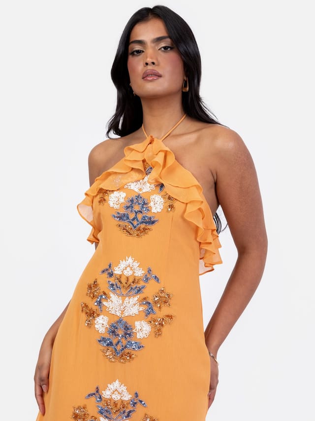 Maya Deluxe Maya Deluxe Women's Embellished Halter Neck Ruffle Maxi Dress in Orange - 2
