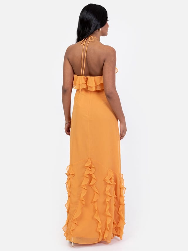 Maya Deluxe Maya Deluxe Women's Embellished Halter Neck Ruffle Maxi Dress in Orange - 3