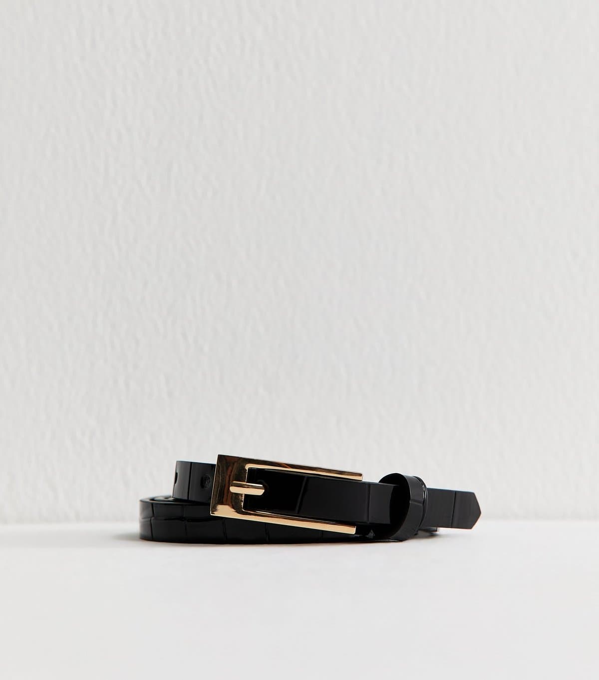 New Look New Look Black Faux Leather Croc Embossed Skinny Belt