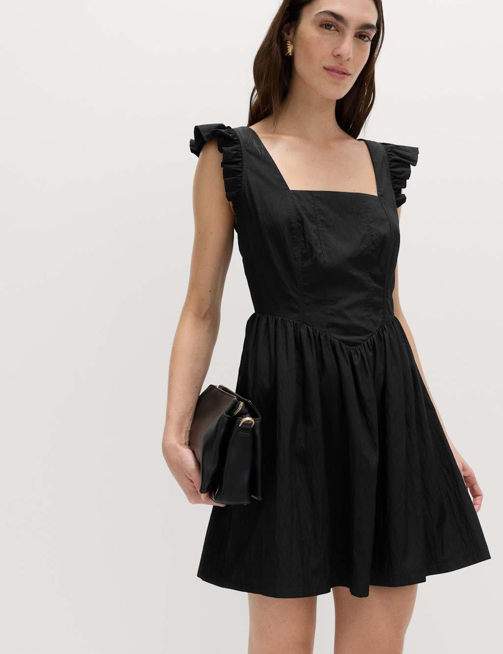 M&S Black Frill Detail Square Neck Mini Skater Dress