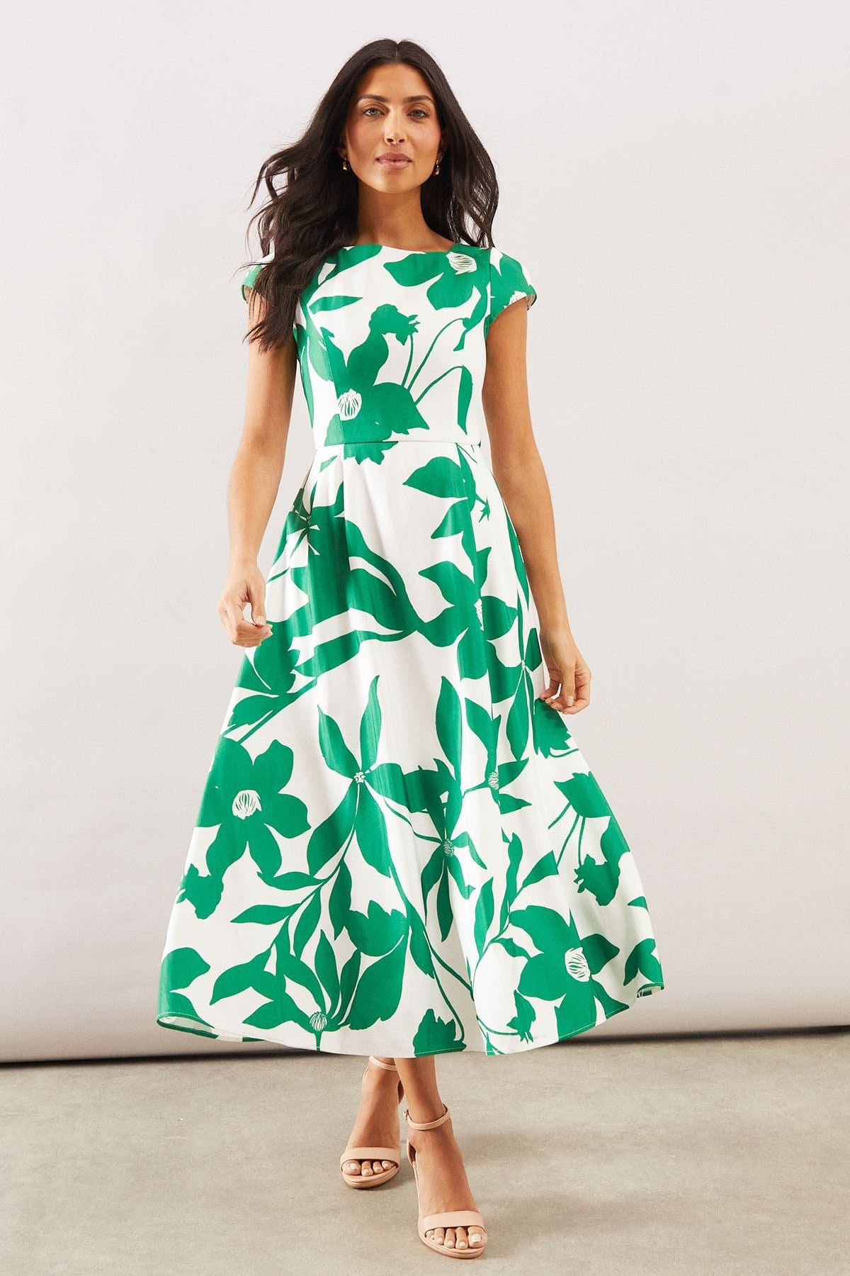 Wallis Wallis Women's Floral Ottoman Fit & Flare Midi Dress in Green