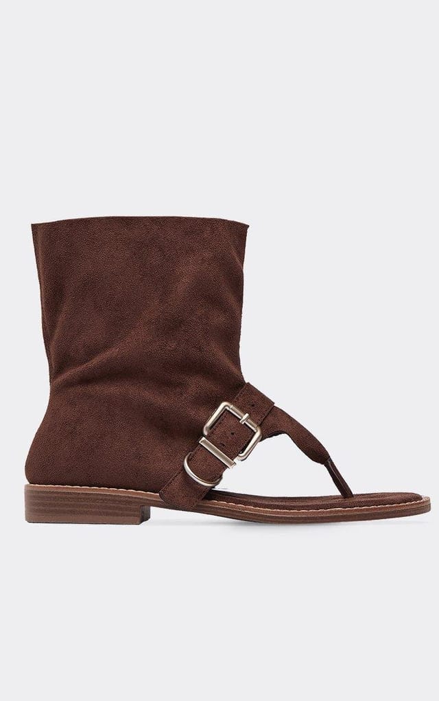 EGO Tillie Buckle Detail Thong Strap Gladiator Sandal In Brown Faux Suede, Women's Size UK 3 - 2