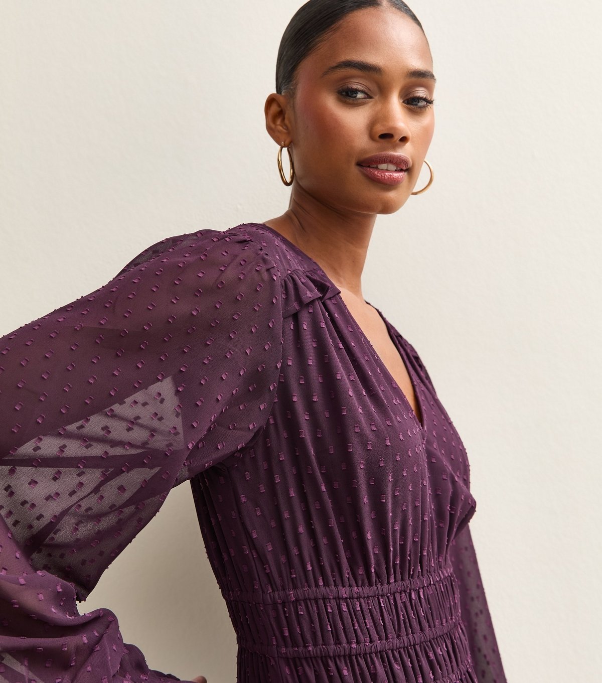 New Look Women's Dark Burgundy Dobby Ruched Waist Midi Dress New Look - 2