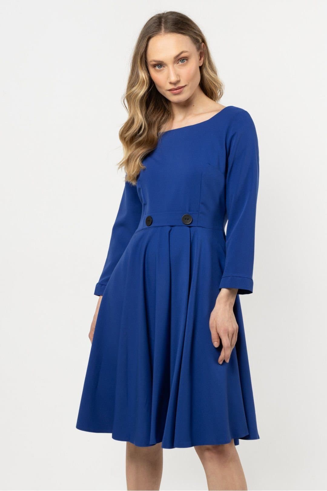 Love Lace Love Lace Women's Classic Flared Boat Neck Dress with Front Buttons Style 212241 in Blue