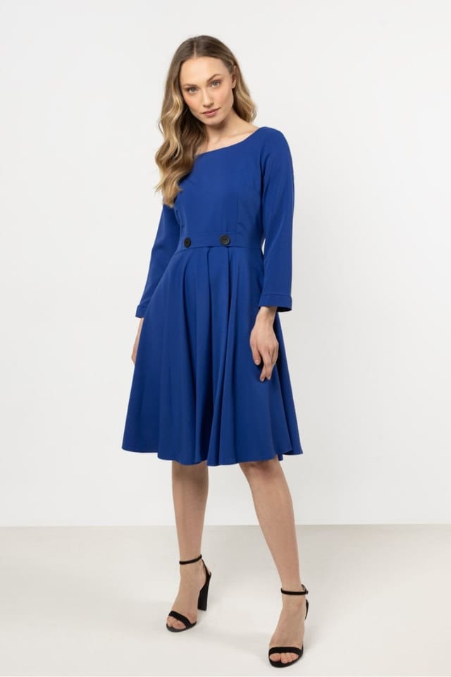 Love Lace Love Lace Women's Classic Flared Boat Neck Dress with Front Buttons Style 212241 in Blue - 2