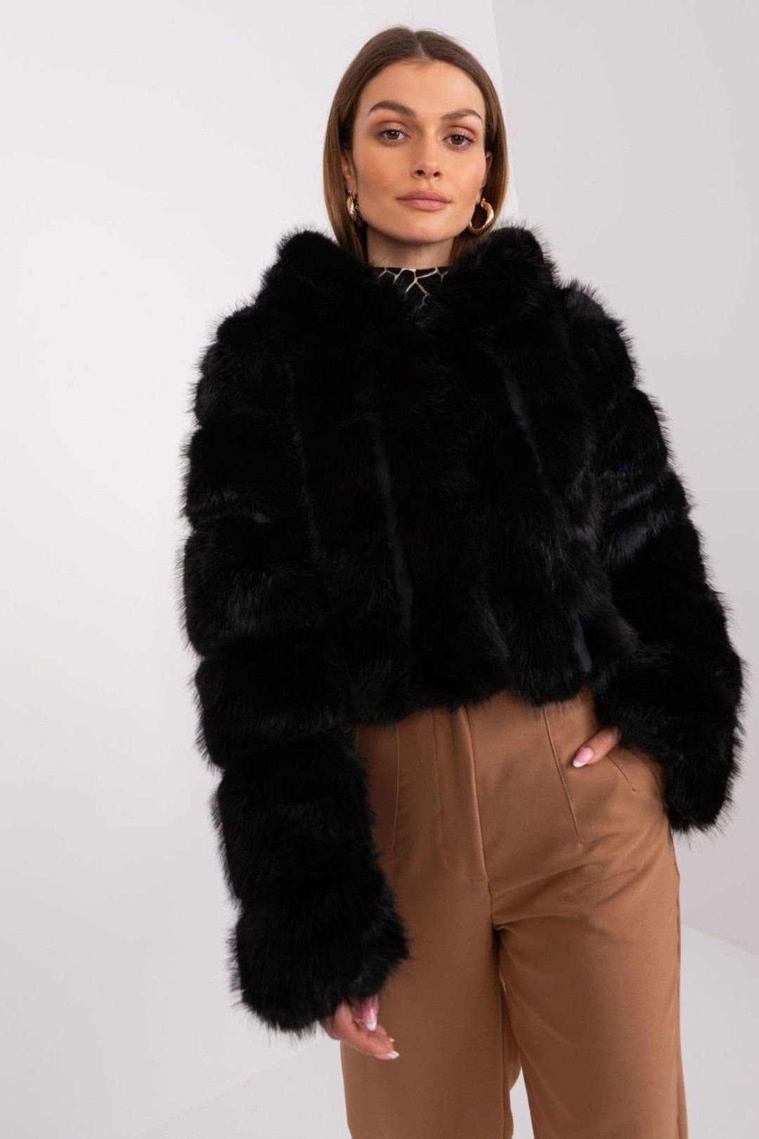 Love Lace Love Lace Women's Hooded Short Faux Fur Transitional Jacket in Black