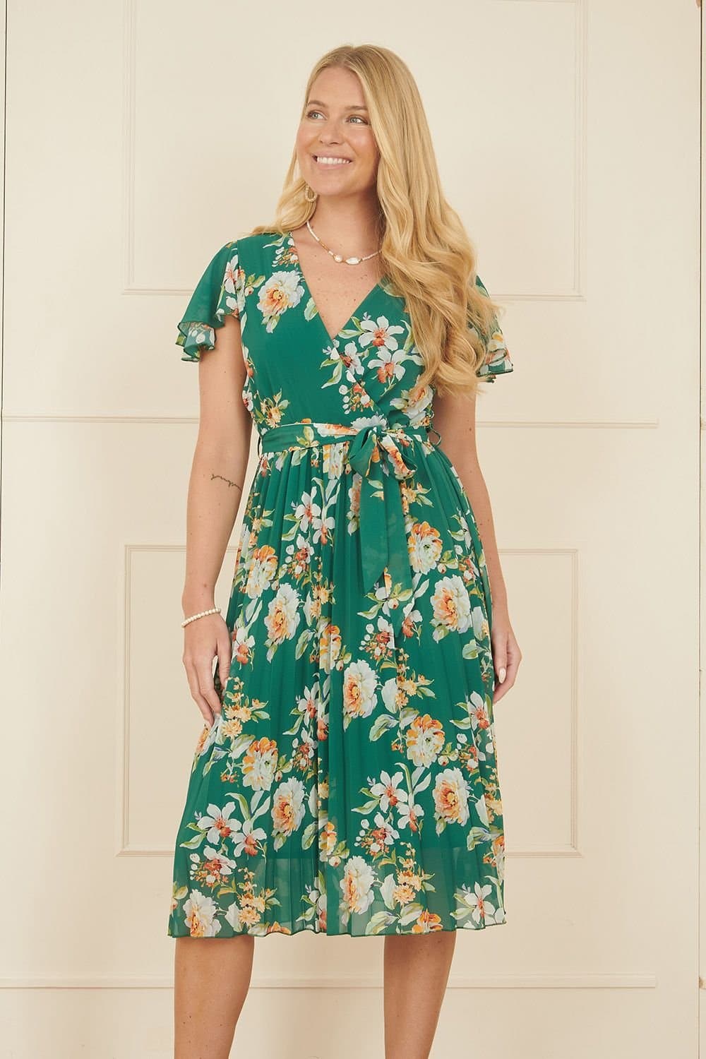 Yumi Yumi Women's Green Floral Pleated Wrap Dress