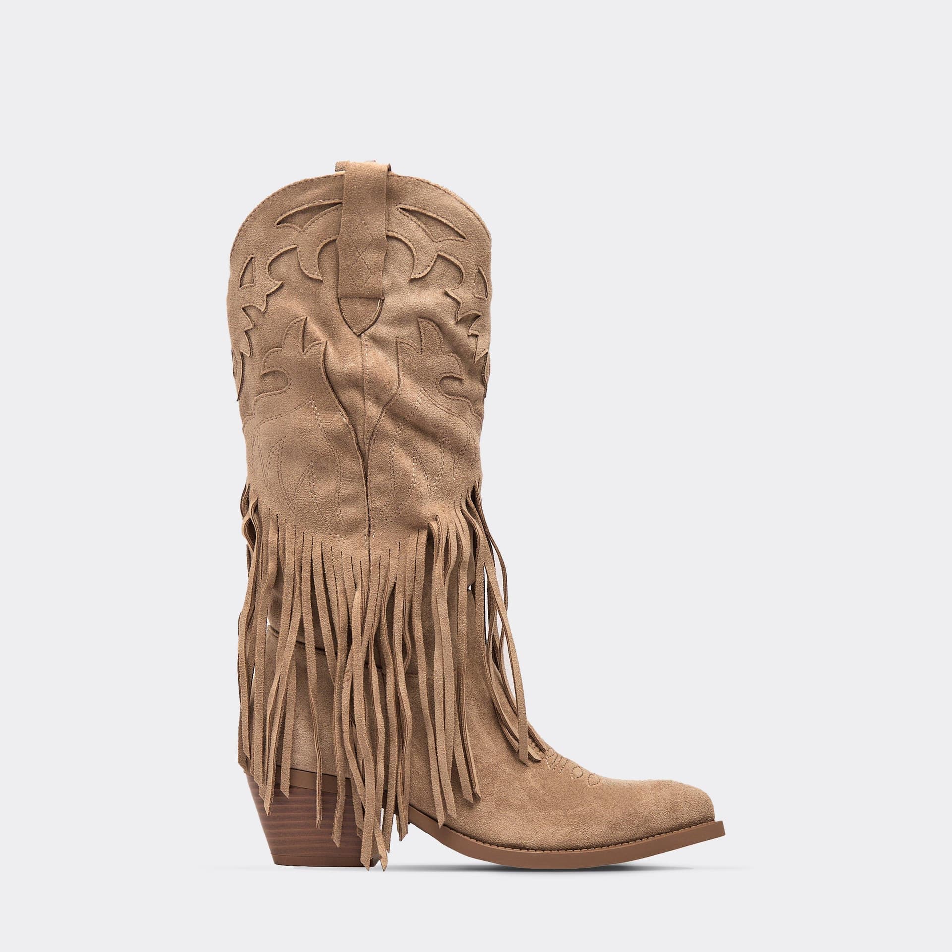 EGO Bambie Fringe Detail Mid Calf Western Cowboy Boot In Beige Faux Suede, Women's Size UK 3