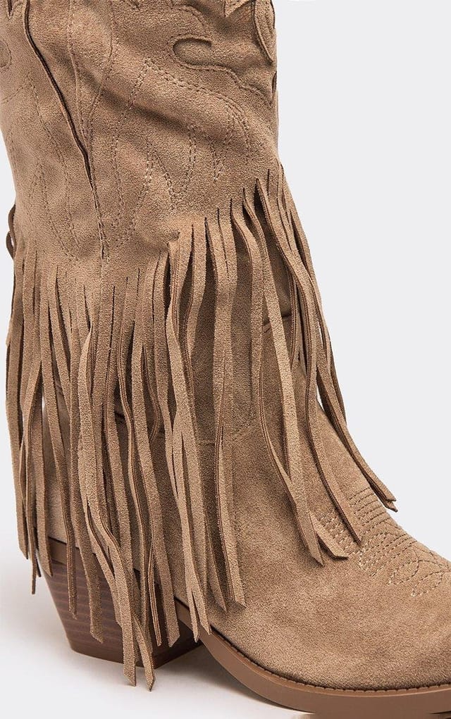 EGO Bambie Fringe Detail Mid Calf Western Cowboy Boot In Beige Faux Suede, Women's Size UK 3 - 2