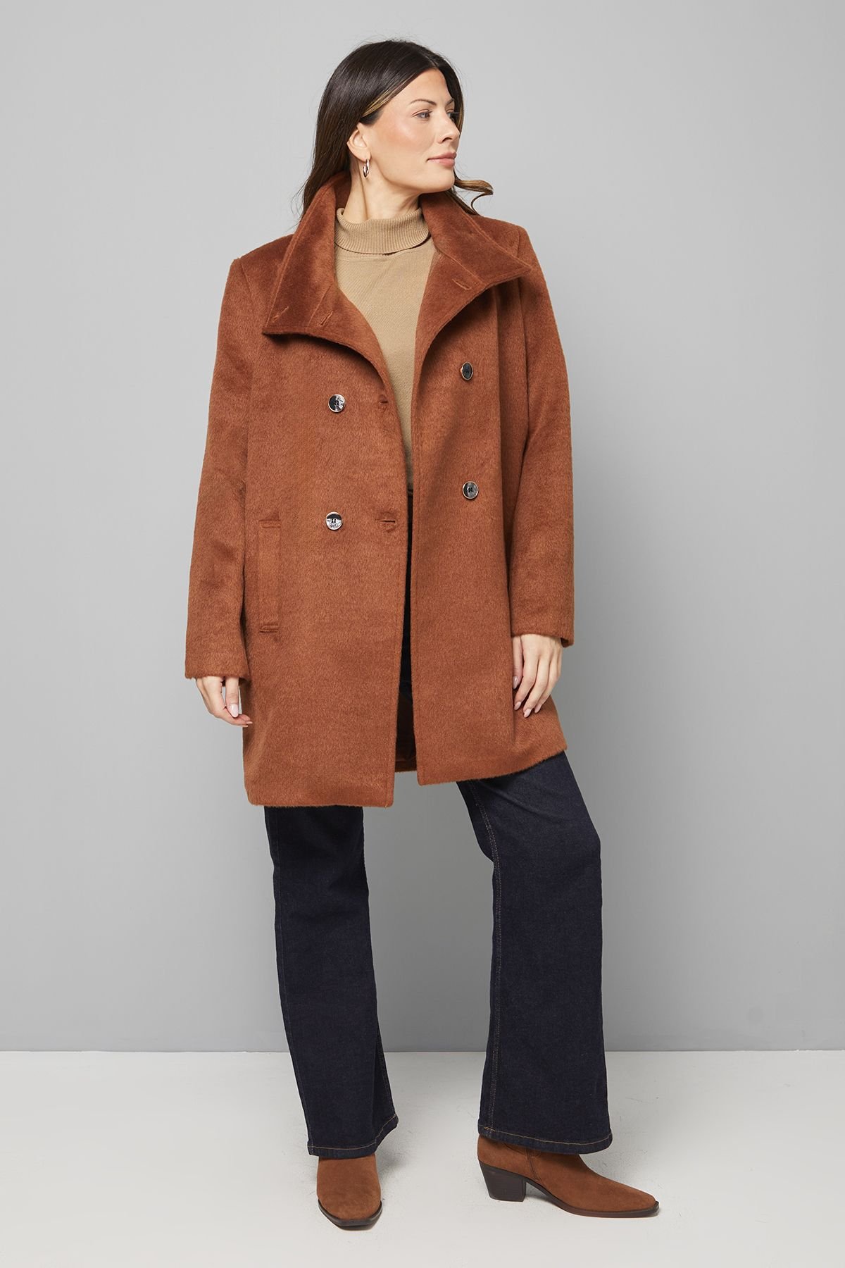 Wallis Wallis Women's Short Double Breasted Funnel Coat in Tobacco - 2