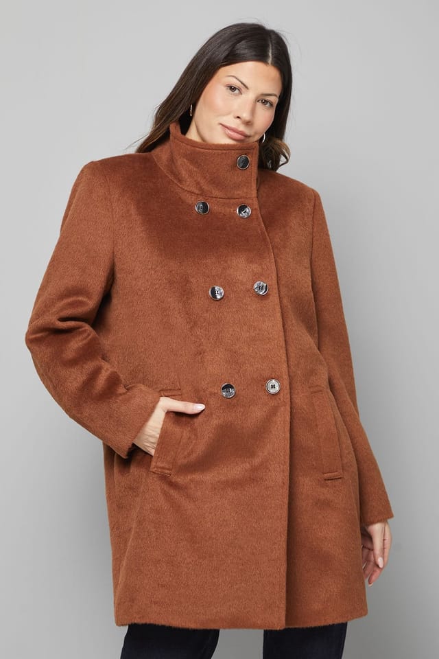 Wallis Wallis Women's Short Double Breasted Funnel Coat in Tobacco - 2