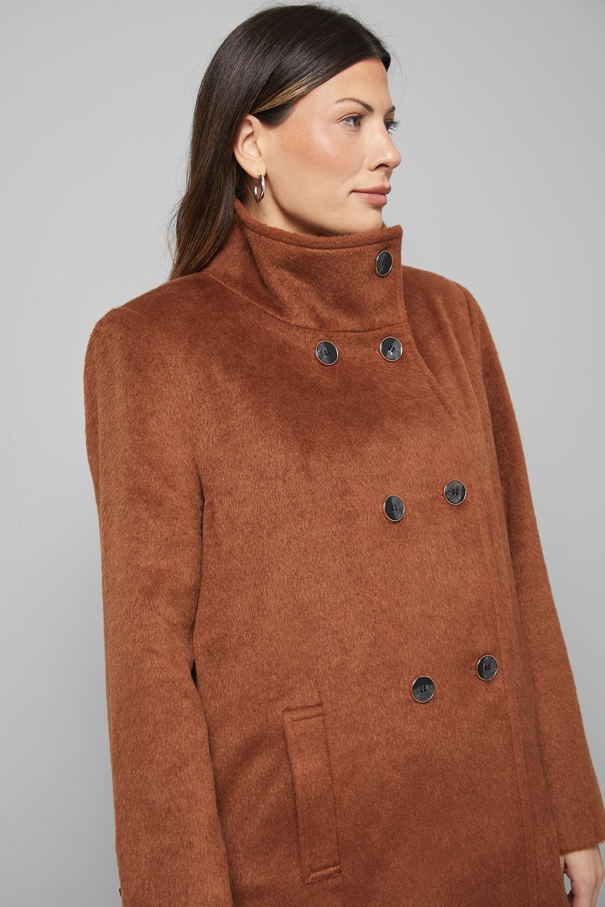 Wallis Wallis Women's Short Double Breasted Funnel Coat in Tobacco - 4