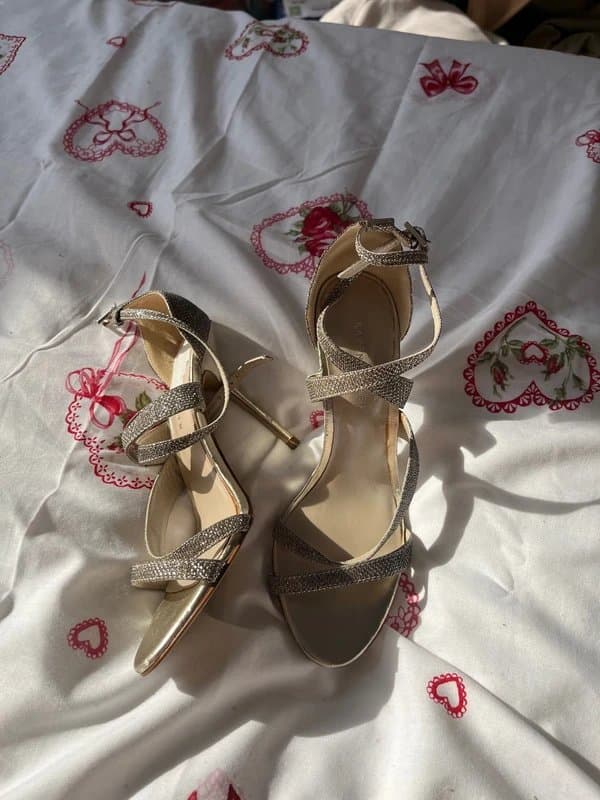 Karen Millen Pale gold glitter strappy adjustable strap heeled kitten heel stiletto sandals