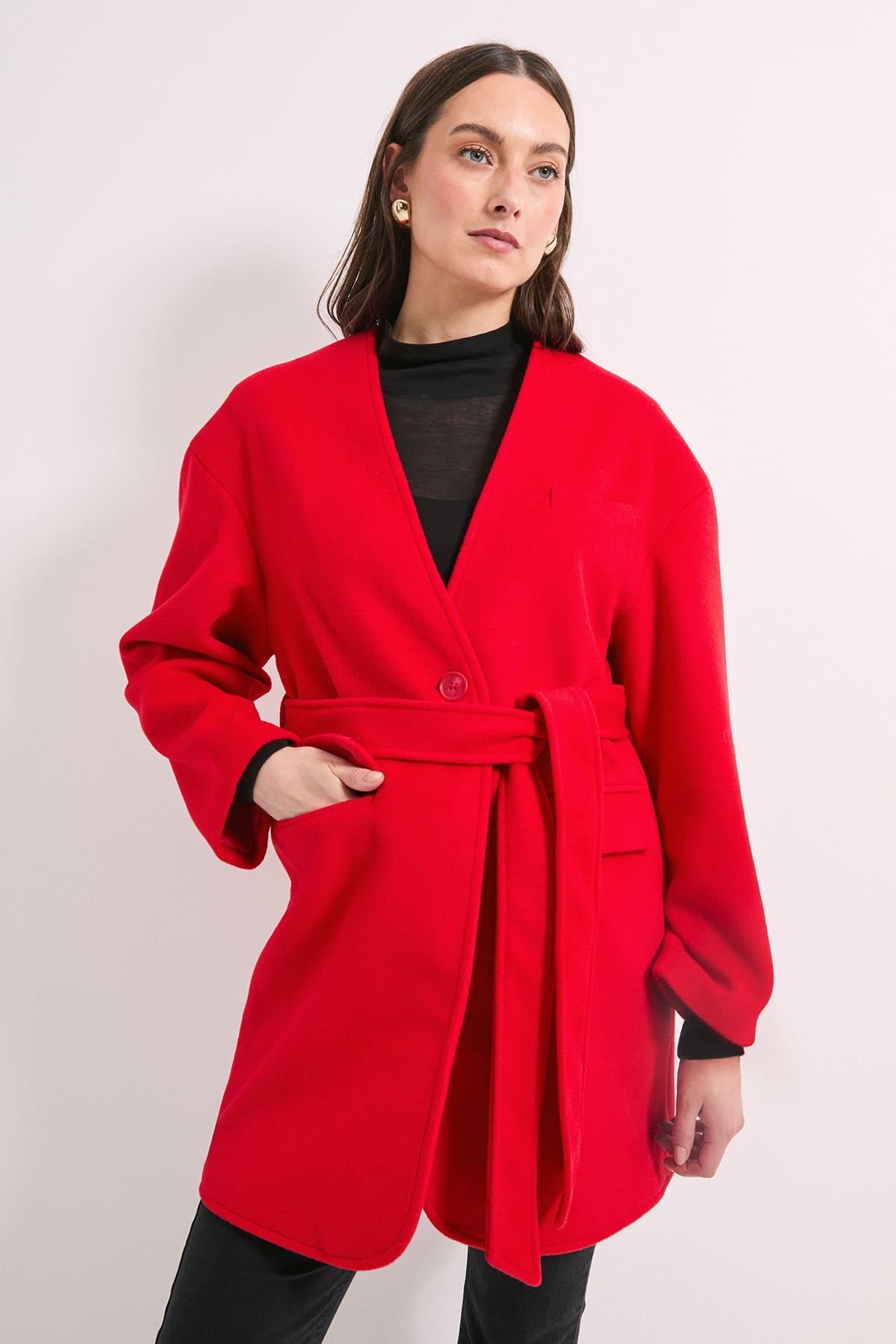 Principles Principles Women's by Wallis Collarless Belted Wrap Coat in Red