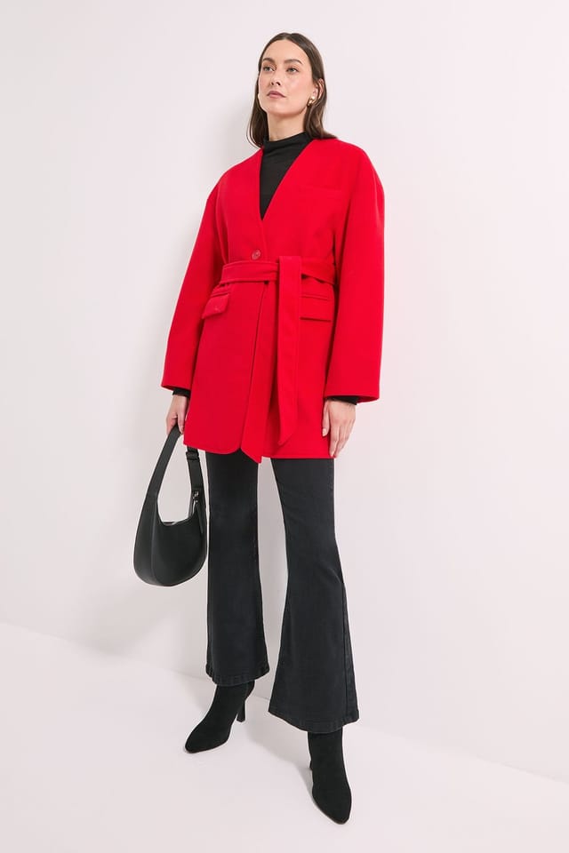 Principles Principles Women's by Wallis Collarless Belted Wrap Coat in Red - 2