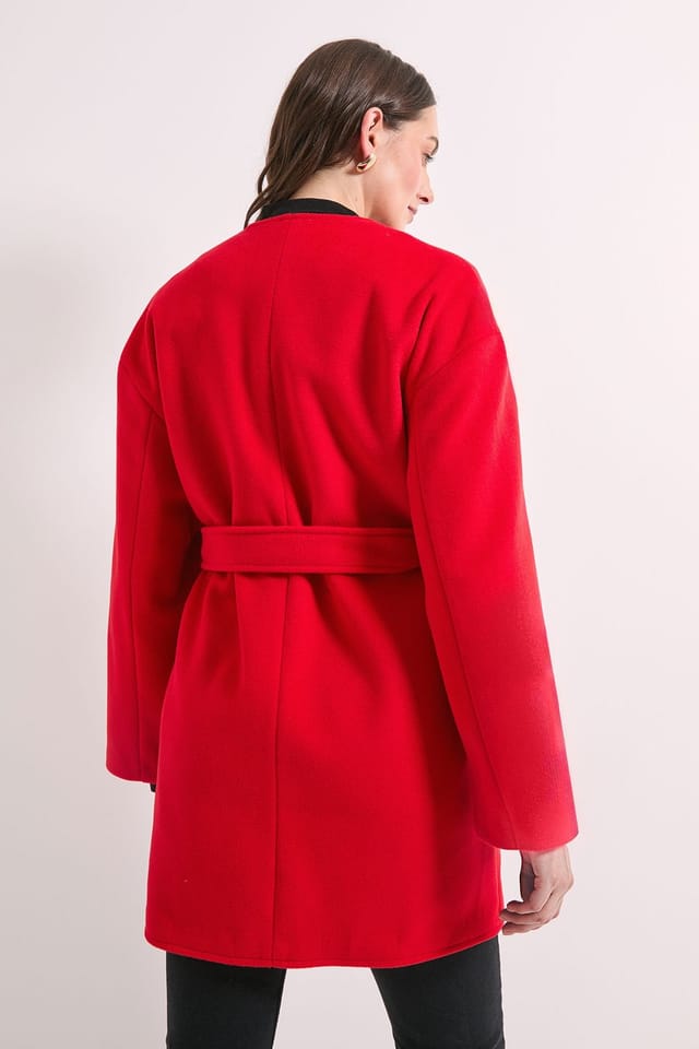 Principles Principles Women's by Wallis Collarless Belted Wrap Coat in Red - 3