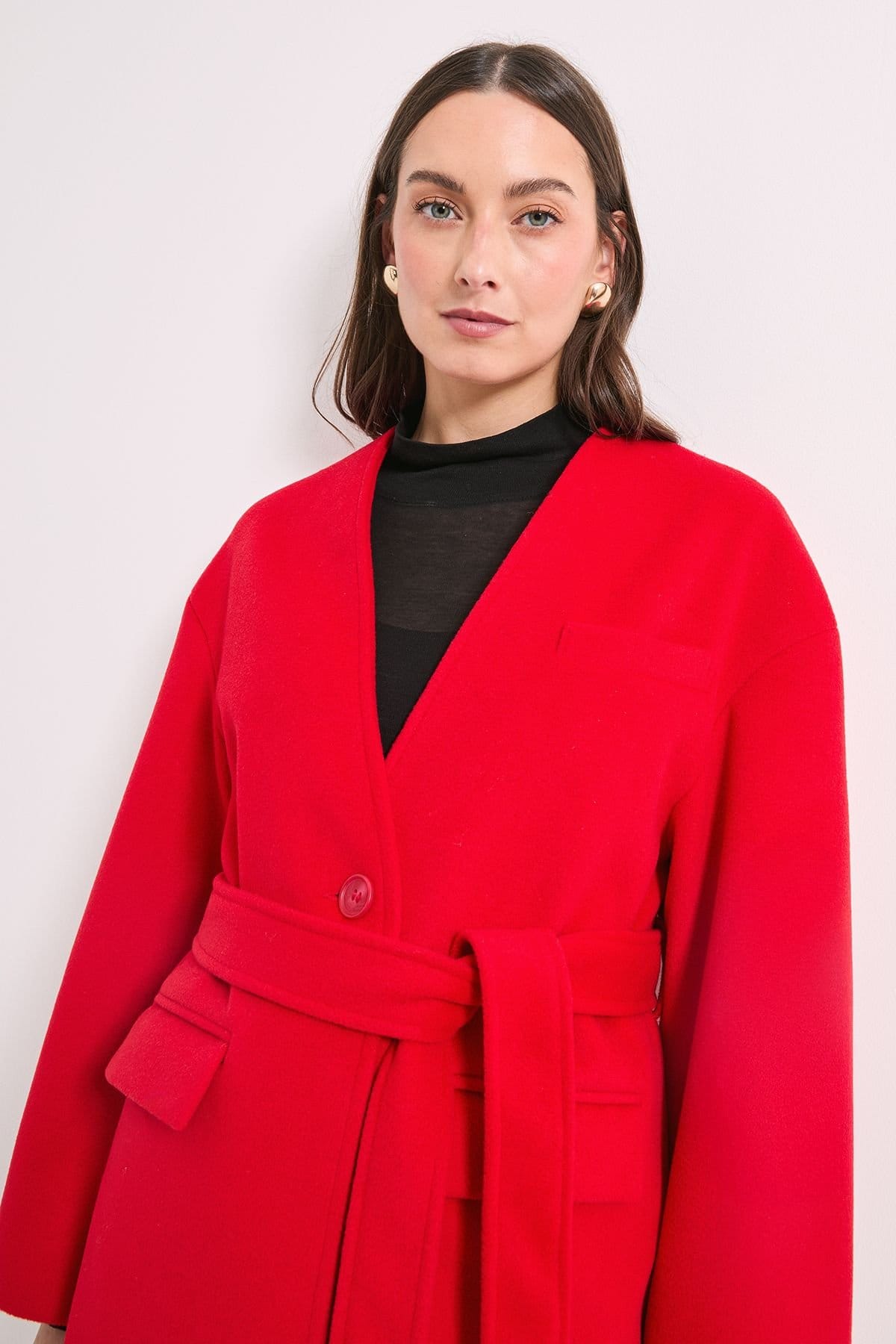 Principles Principles Women's by Wallis Collarless Belted Wrap Coat in Red - 4