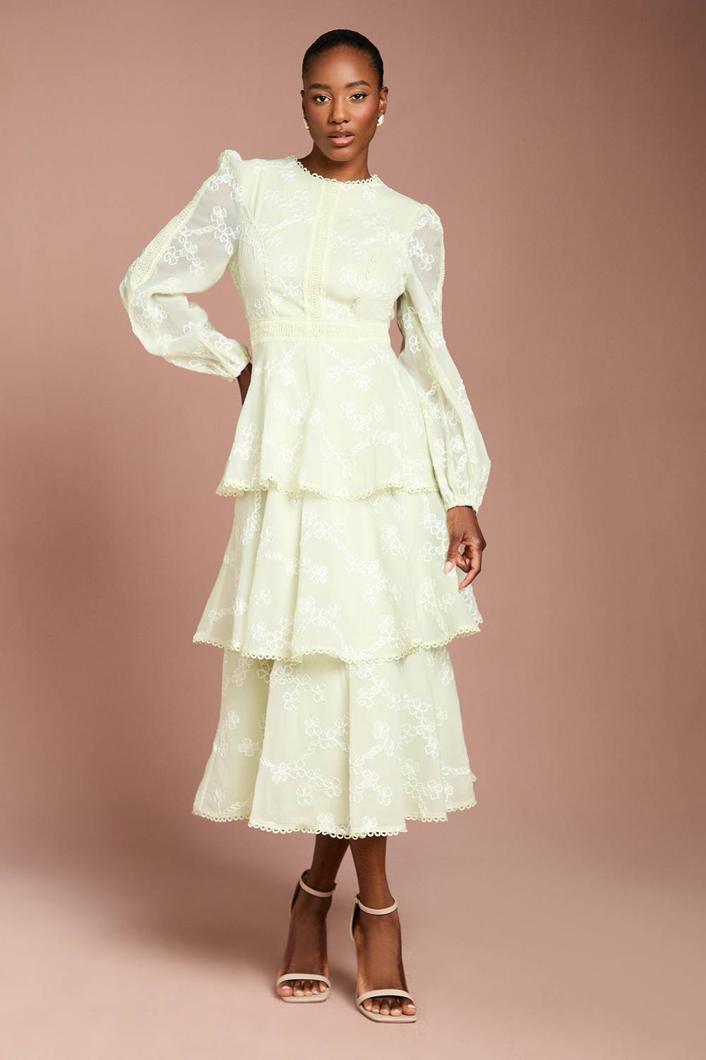 Coast Coast Women's Lace Trim Embroidered Mesh Midi Dress in Sage - 2