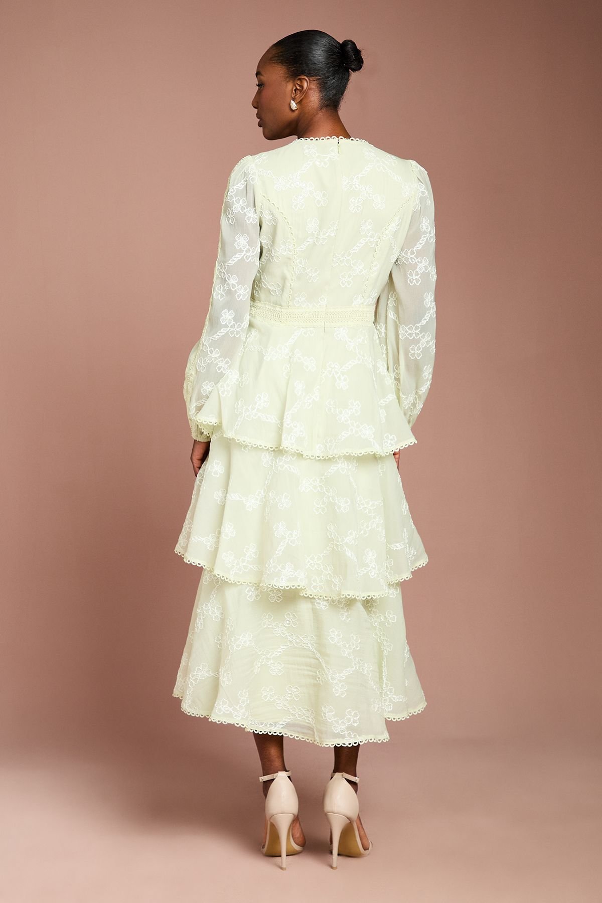 Coast Coast Women's Lace Trim Embroidered Mesh Midi Dress in Sage - 3