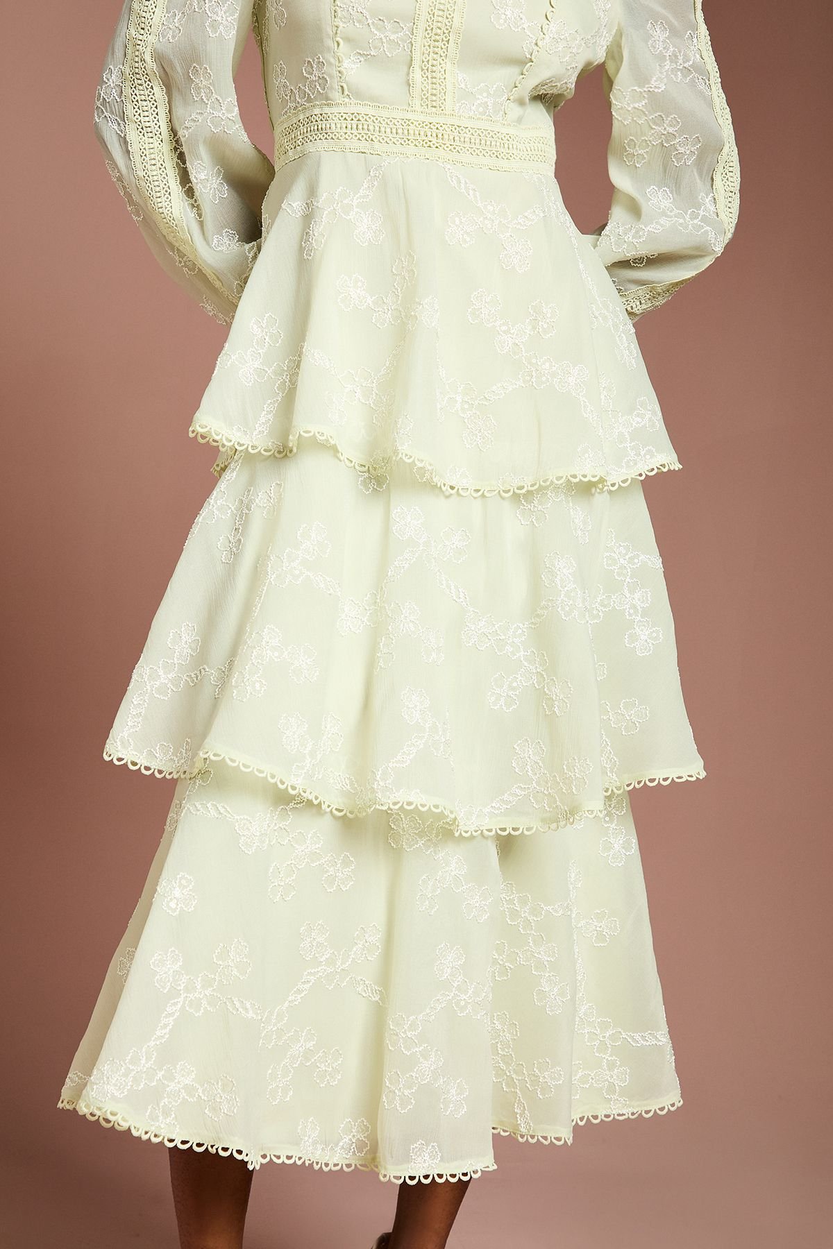 Coast Coast Women's Lace Trim Embroidered Mesh Midi Dress in Sage - 4