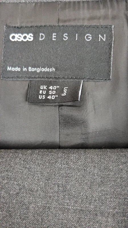 ASOS Men's charcoal grey tall suit size 40" long jacket, 34" waist 34 " length trousers
