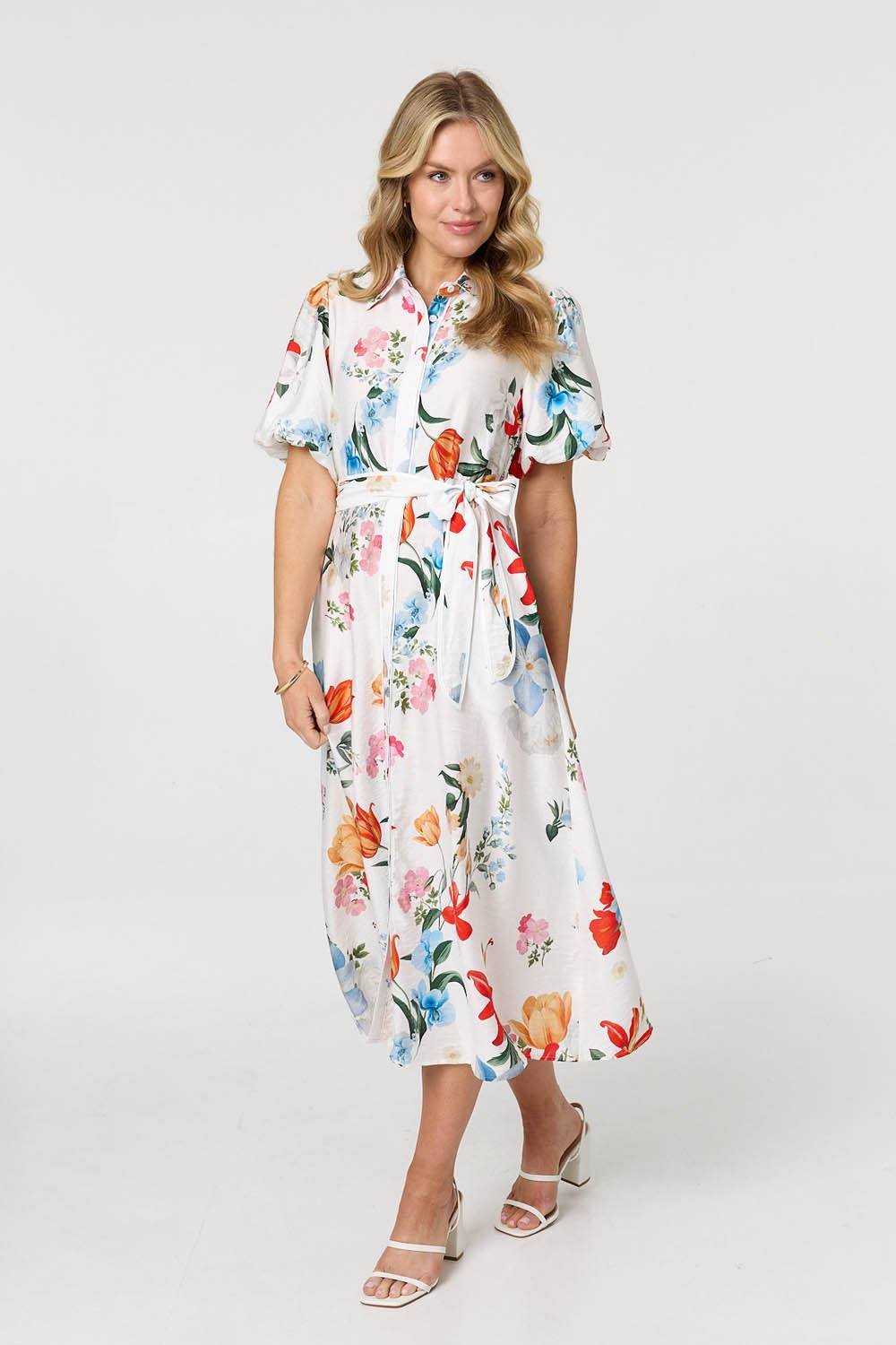 Izabel London Izabel London Women's Floral 1/2 Puff Sleeve Midi Shirt Dress in White - 4