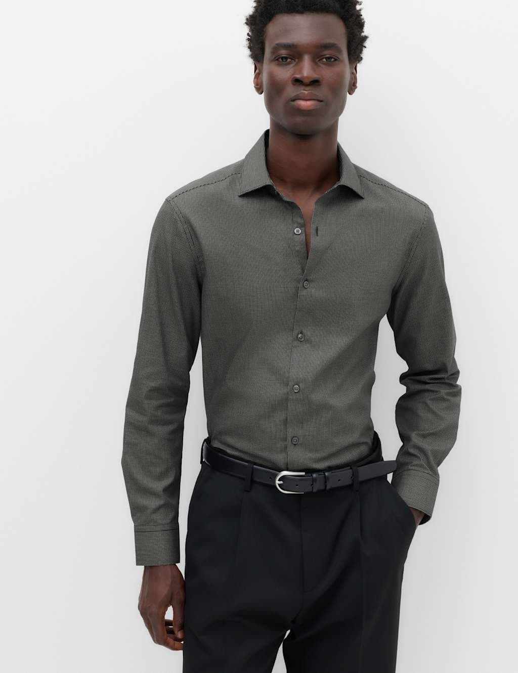 Marks & Spencer M&S Regular Fit Pure Cotton Textured Shirt Black Mix