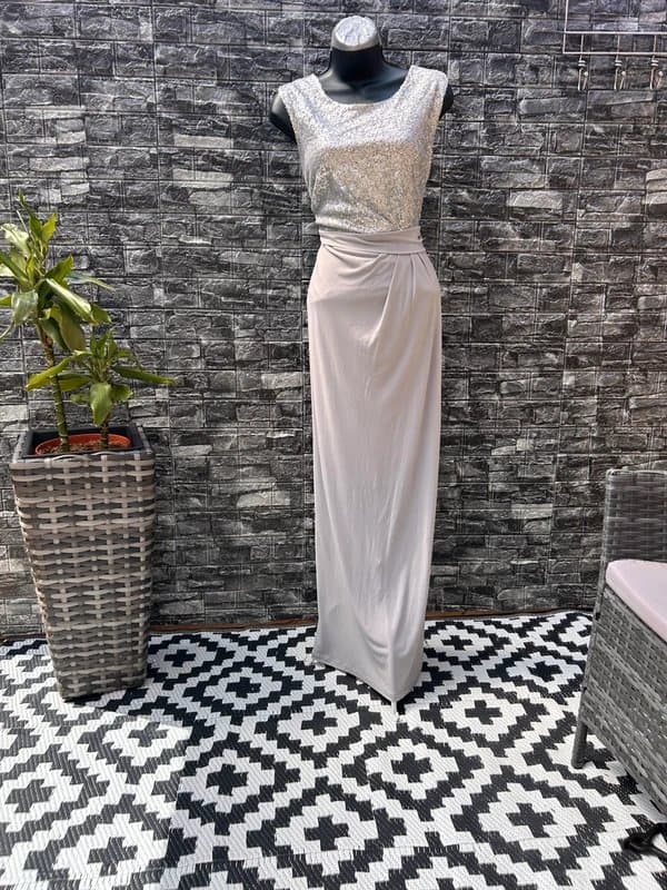 Wallis Wallis Silver Sequin & Grey Jersey Maxi Dress - Size 16 - New Unworn