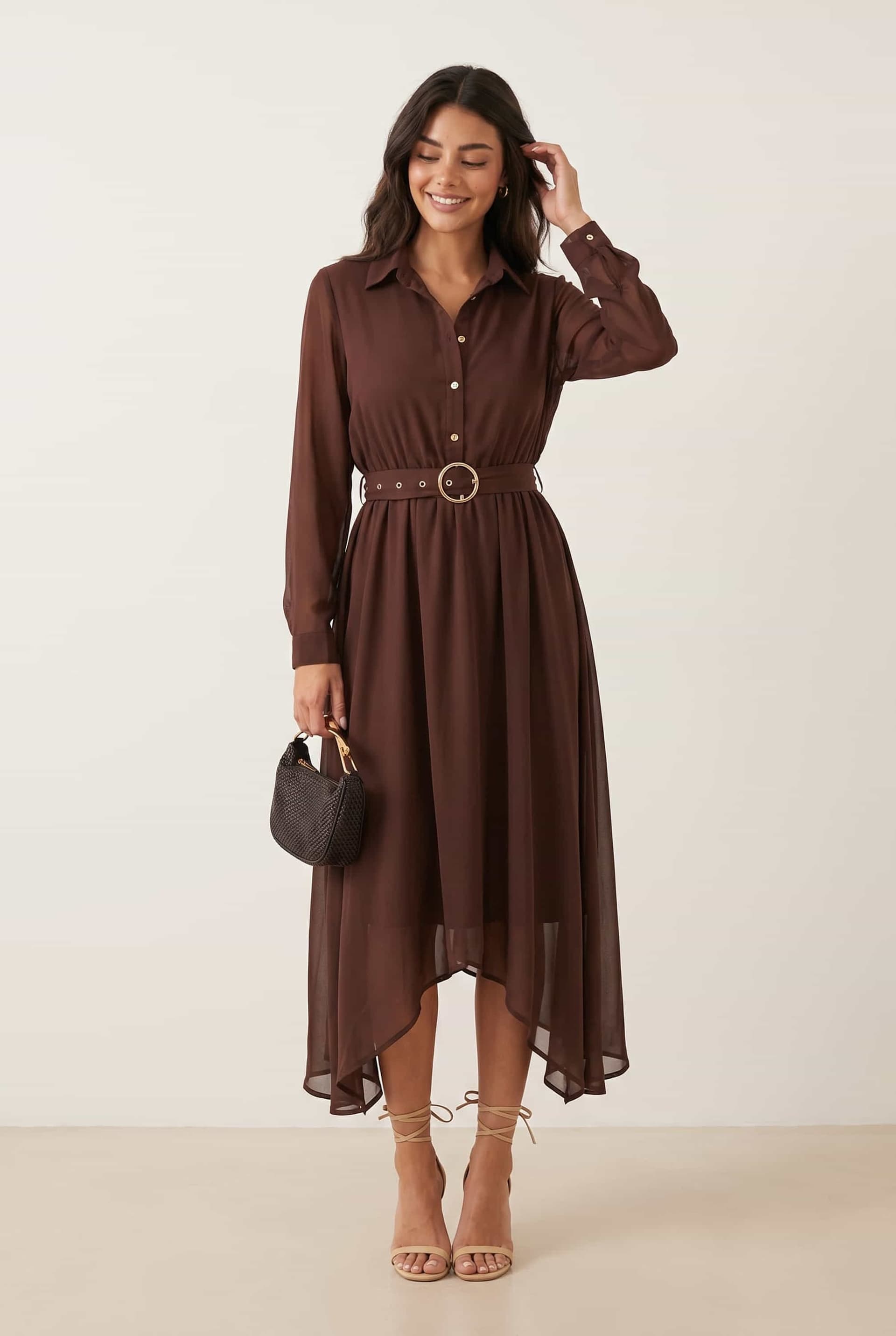 Style Cheat Style Cheat Women's Hanky Hem Belted Dress in Brown