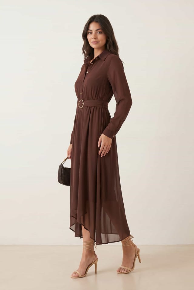 Style Cheat Style Cheat Women's Hanky Hem Belted Dress in Brown - 2